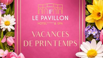 Affiche rose avec fleurs pour Escapade de Printemps au Le Pavillon.