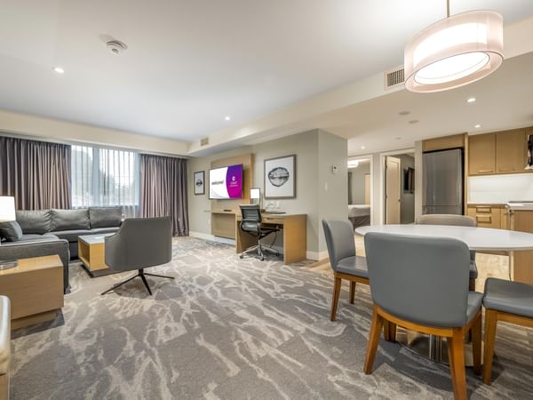 View of the spacious living room, dining area and work desk