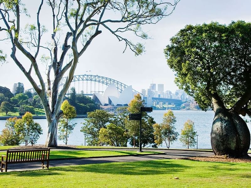 Landscape view of the Royal Botanic Gardens with a Sydney Harbour Bridge backdrop near Pullman Quay Grand Sydney
