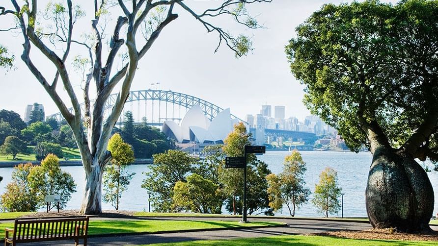 Landscape view of the Royal Botanic Gardens with a Sydney Harbour Bridge backdrop near Pullman Quay Grand Sydney