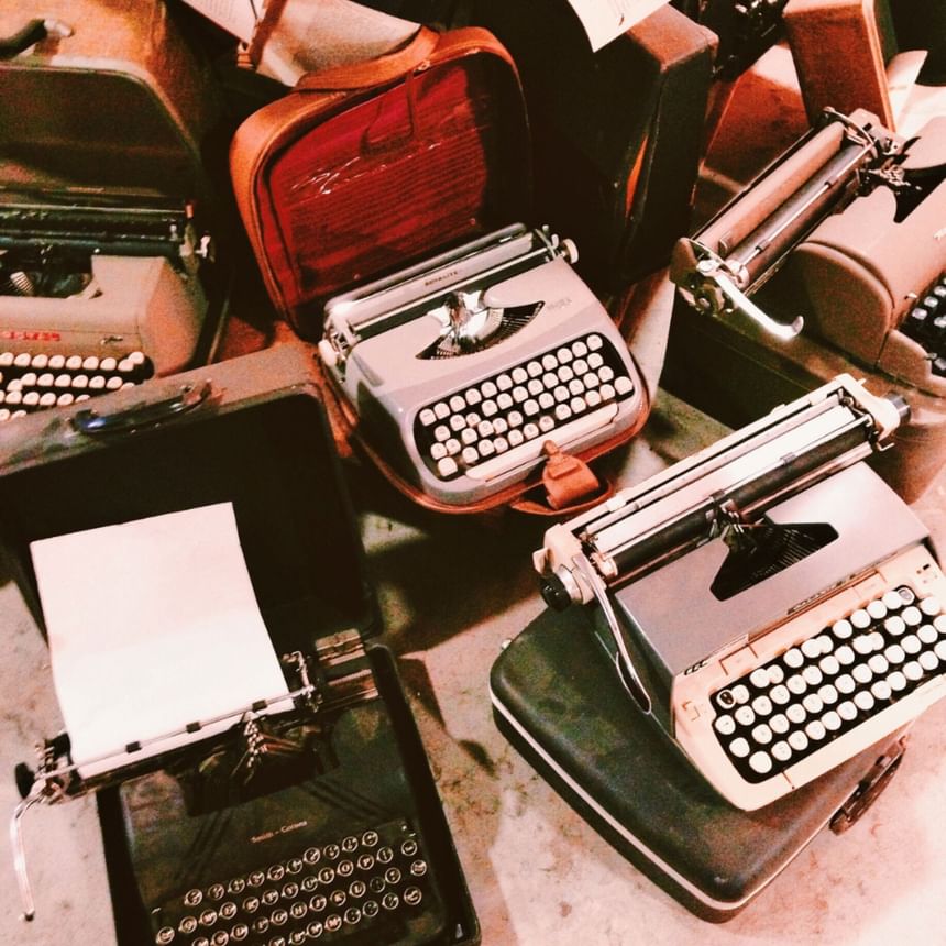 Close-up of Vintage typewriters at Honeyrose Hotel