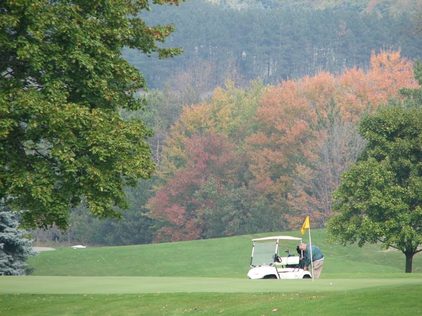 Man with a golf cart in the golf course at Evergreen Resort