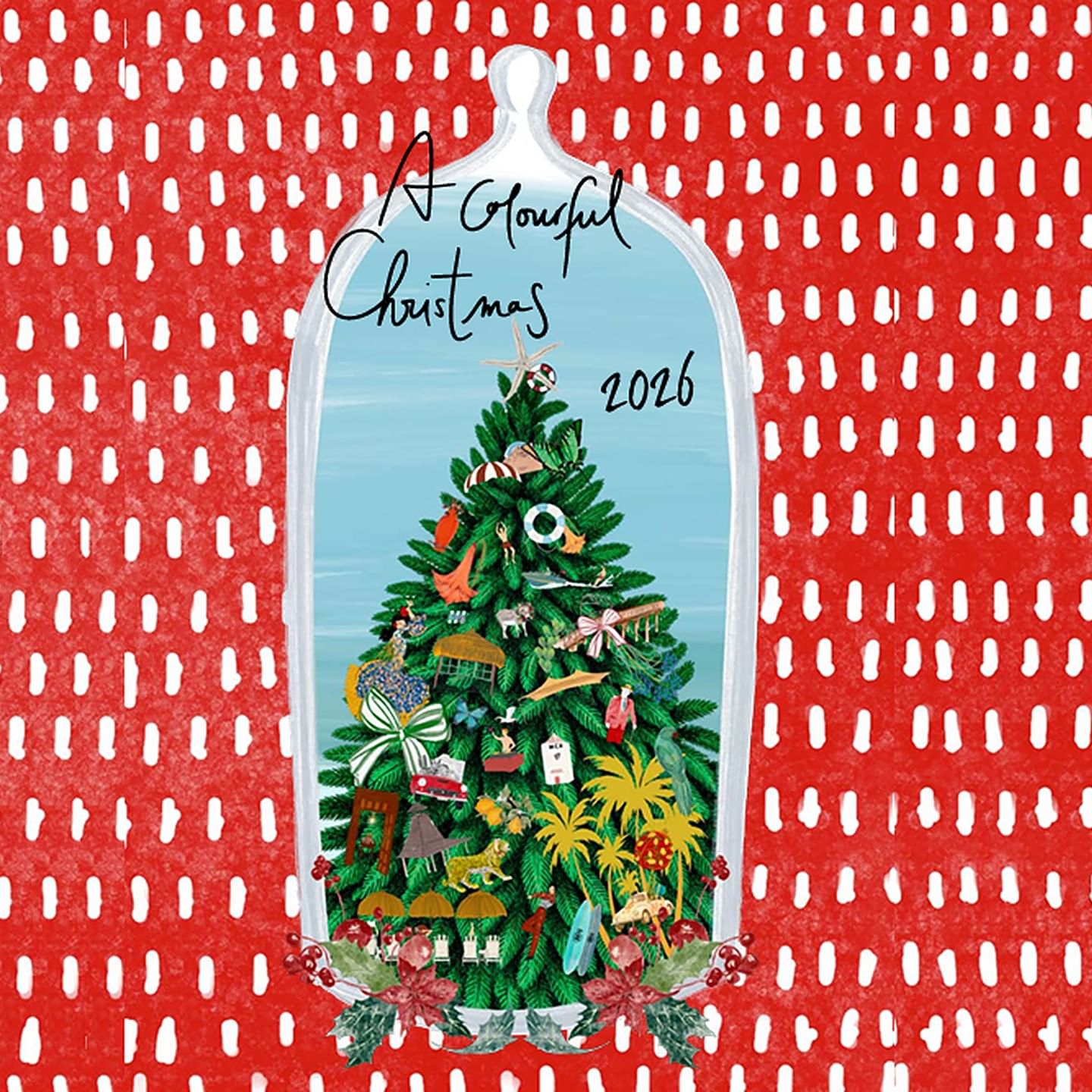 Árbol de Navidad decorado con elementos tropicales y flores bajo un arco blanco sobre fondo rojo con puntos blancos