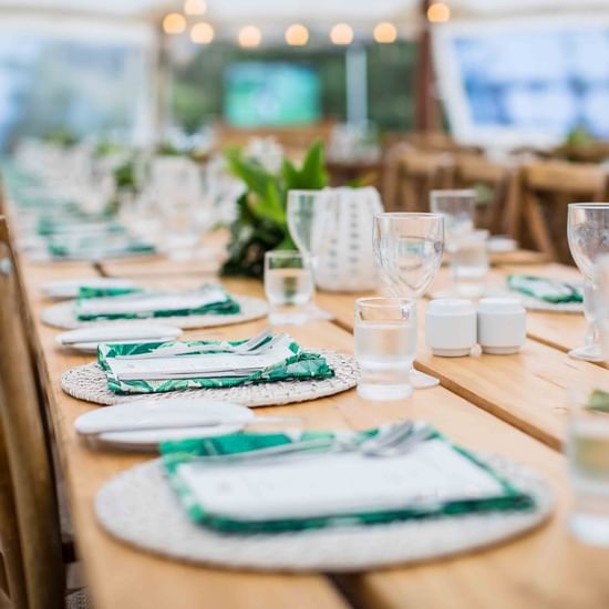 boho meeting set up in tent