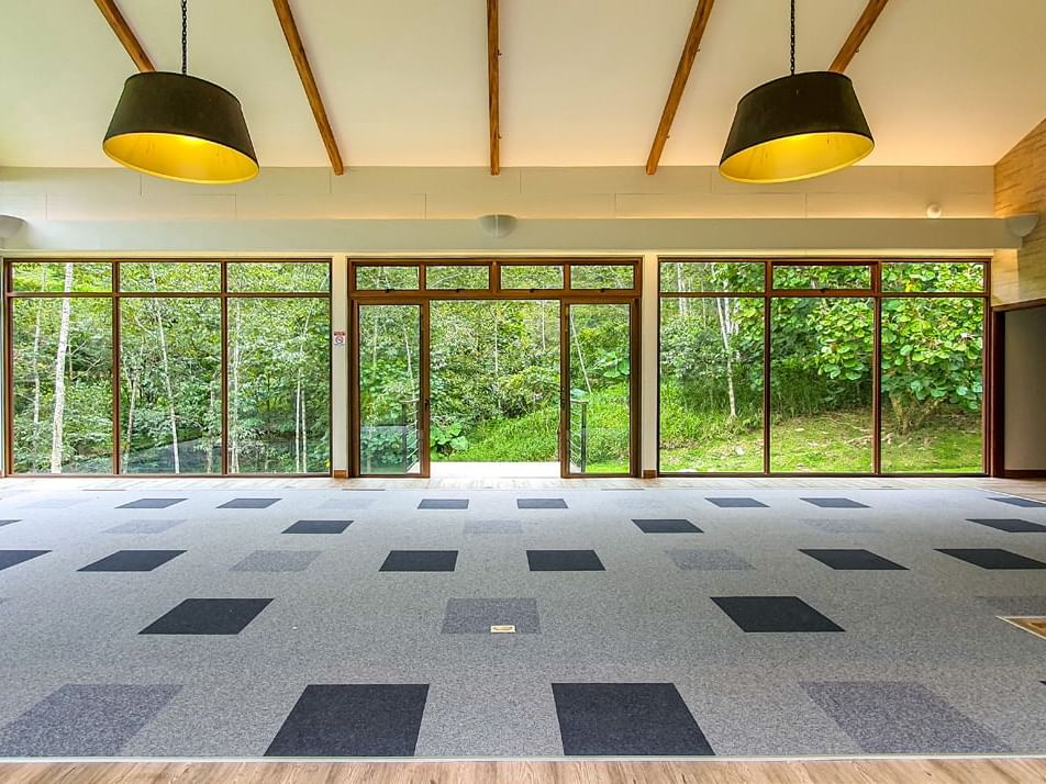 a large room with tall windows
