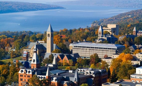 Aerial view of Cornell University near La Tourelle Hotel and Spa