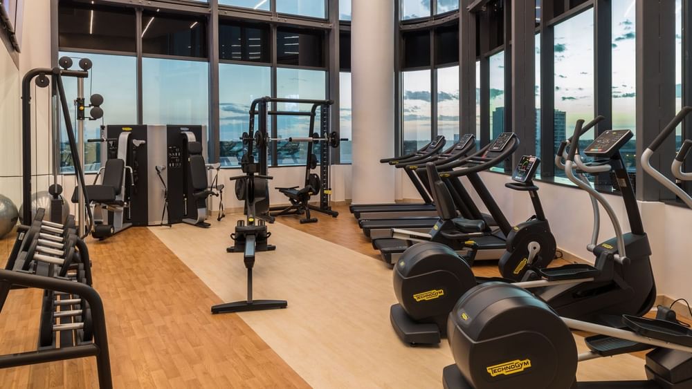 Modern gym featuring rows of treadmills and elliptical machines with a scenic city view at Camino Real Merida