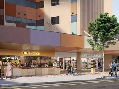 An artist's impression of UniLodge Brisbane City with people outside and a convenience store.
