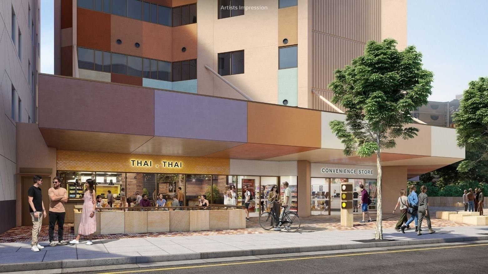 An artist's impression of UniLodge Brisbane City with people outside and a convenience store.