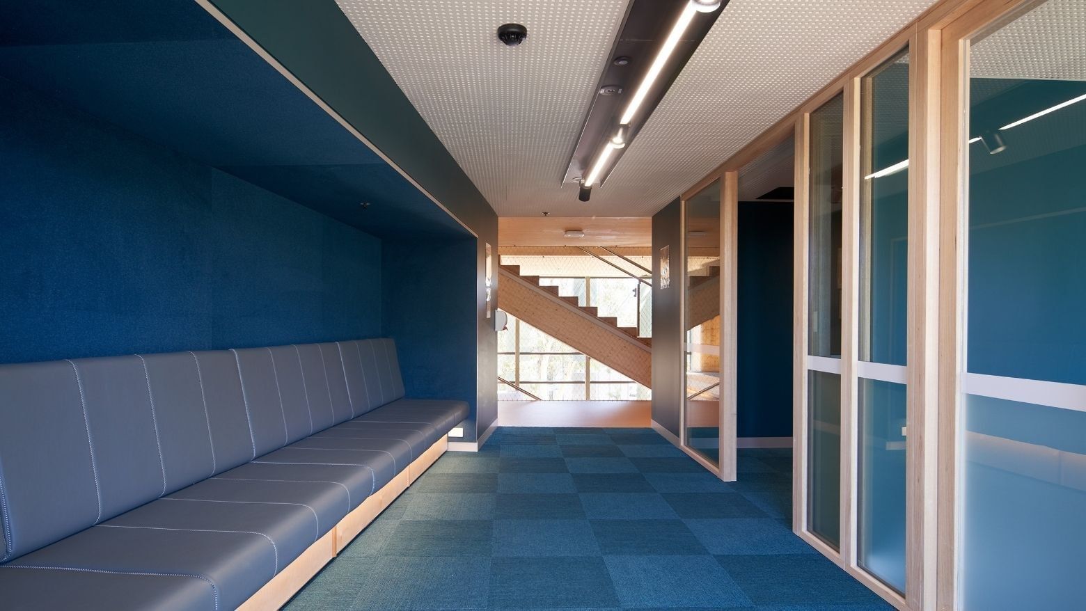 Blue and wooden interior hallway with bench and glass doors at La Trobe University.