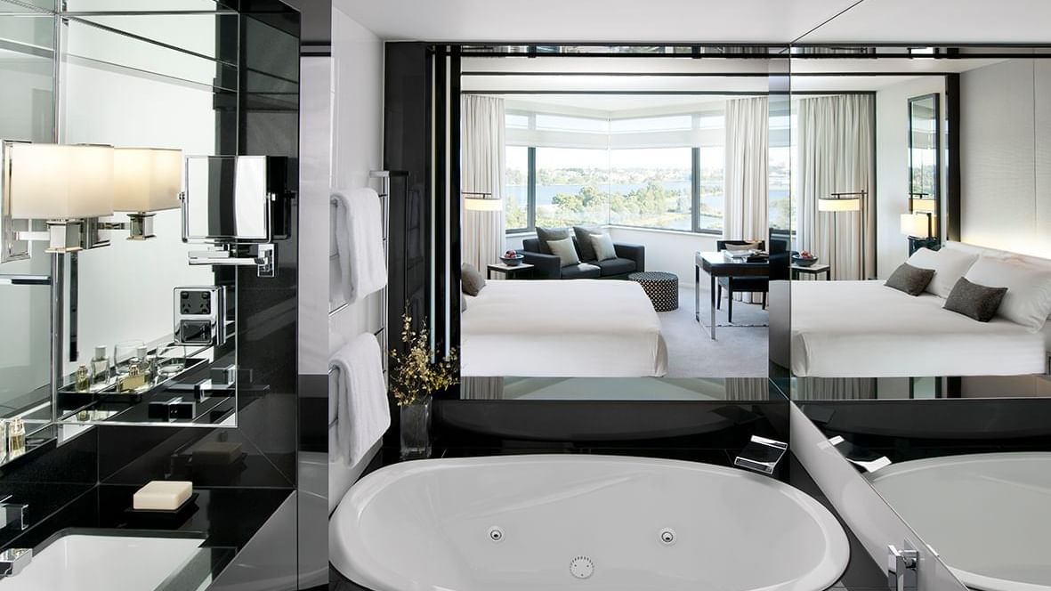 Bathroom vanity in Luxe King Spa room at Crown Hotel Perth