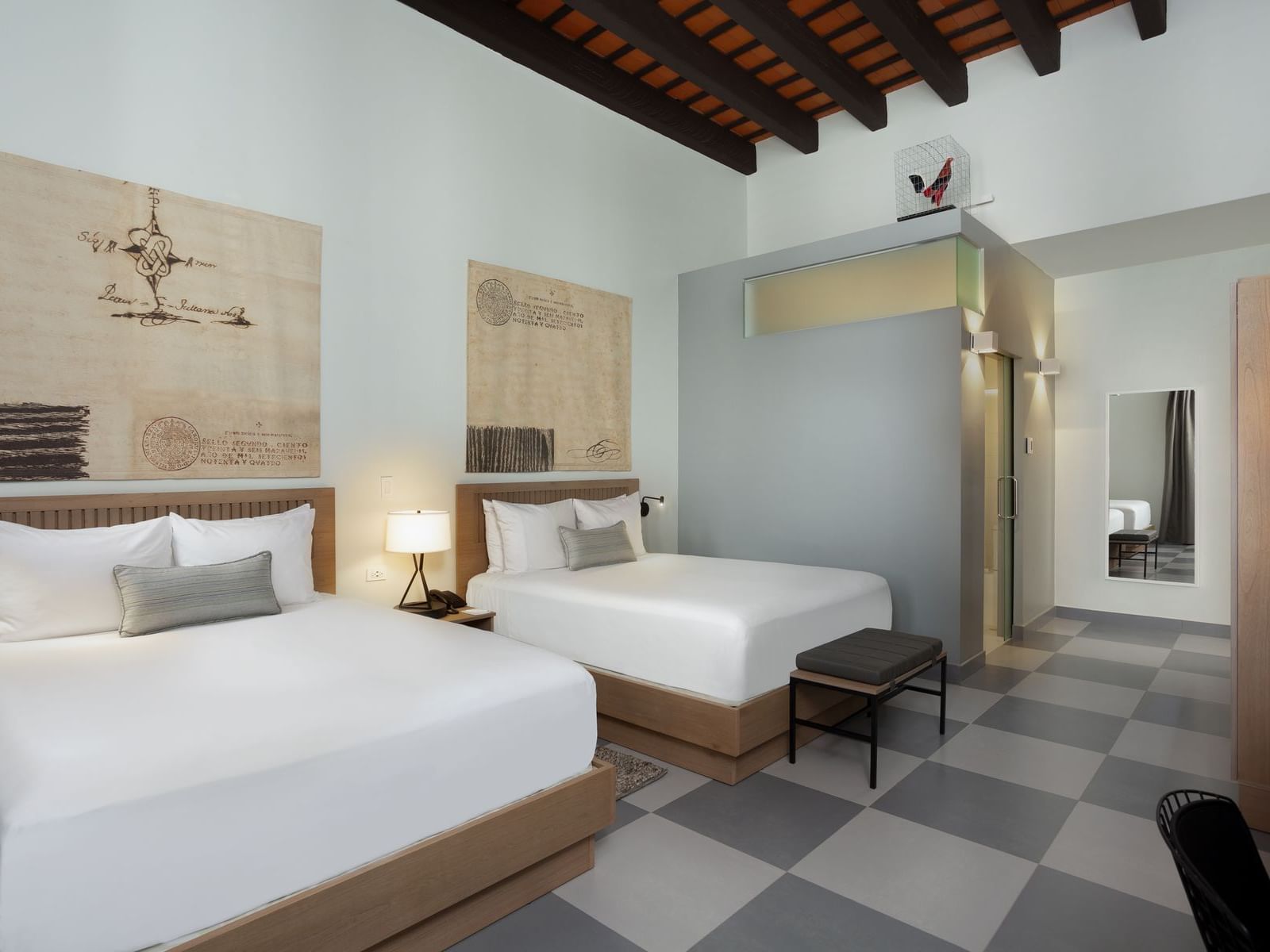 Two beds in modern hotel room