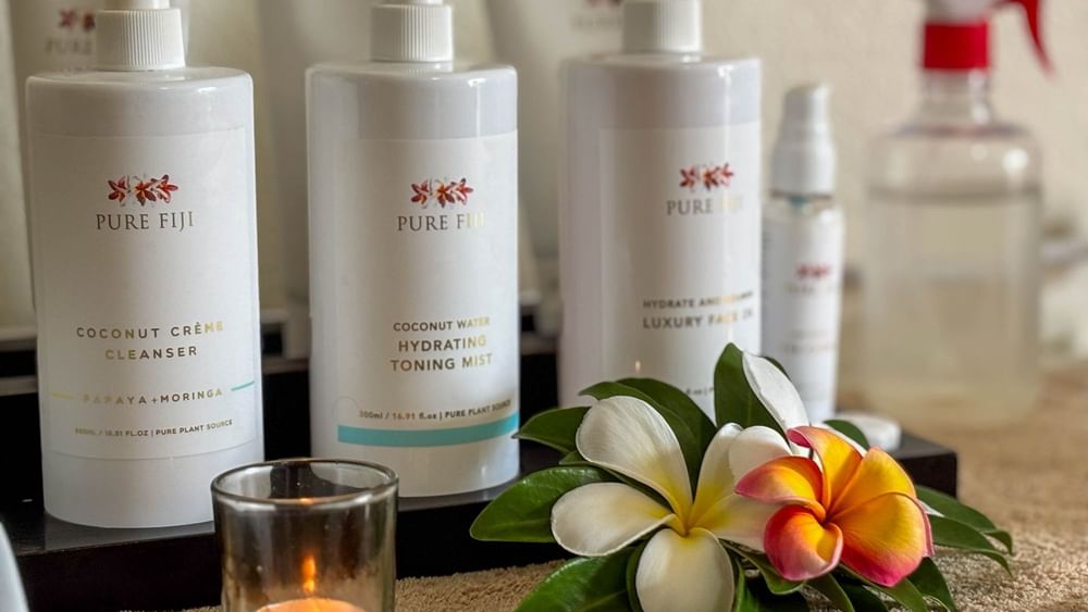 Spa products and candles on a table at The Joy Spa in Korolevu at The Naviti Resort Fiji.