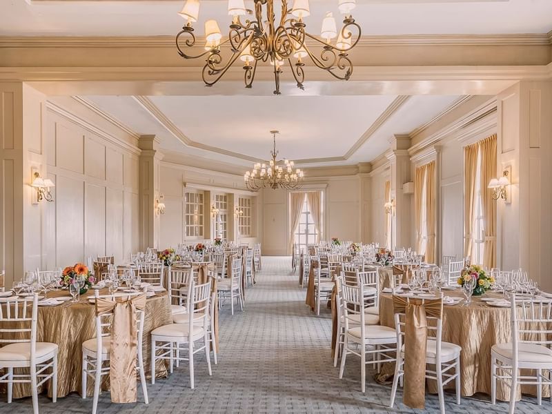 Banquet table setup in a meeting room at FA Hotels & Resorts