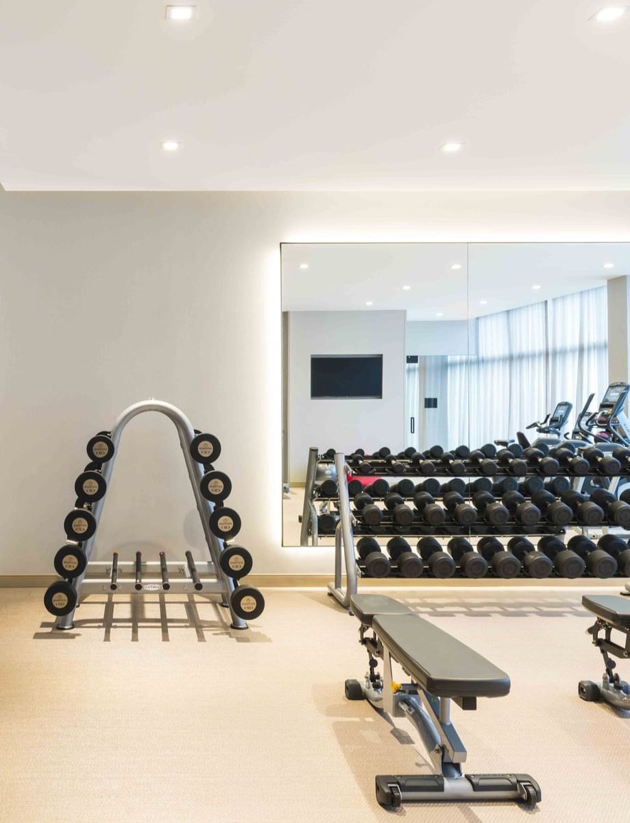 Fitness center with racks of free weights
