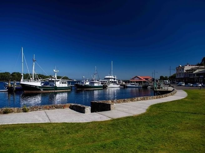 Boats parked at The Strahan Foreshore track near Strahan Village