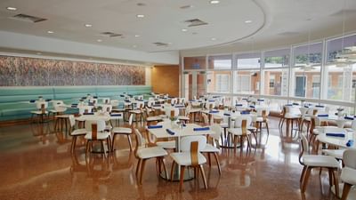 tables and chairs in a café