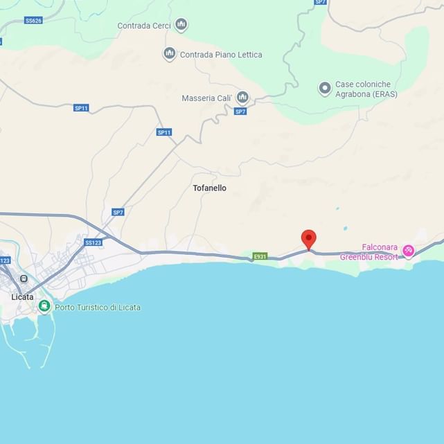 Map showing Falconara, with a red pin marking its location near the coast.