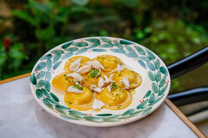 Close-up of pumpkin and ricotta ravioli served in Opera at Park Hyatt Saigon