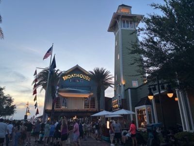 The Boathouse restaurant at Disney Springs at sunset.