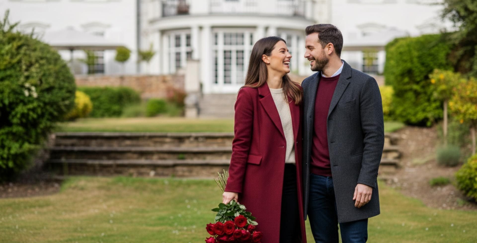 Couple smiling together outside of the mansion at Gorse Hill in Surrey on Valentines Day