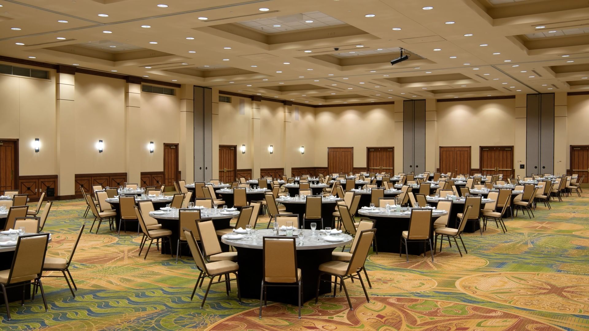 Banquet setup in a ballroom at NCED Hotel and Conference Center