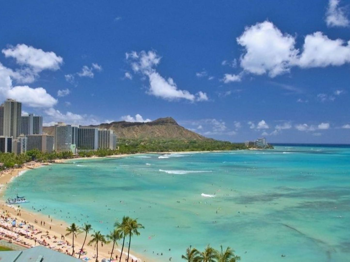 Aerial view of crowded Waikiki beach near Stay Hotel Waikiki