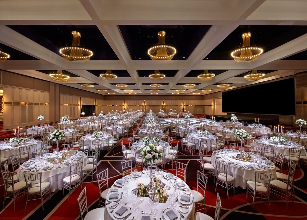 Banquet table setup in The Grand Ballroom at Crown Hotel Perth