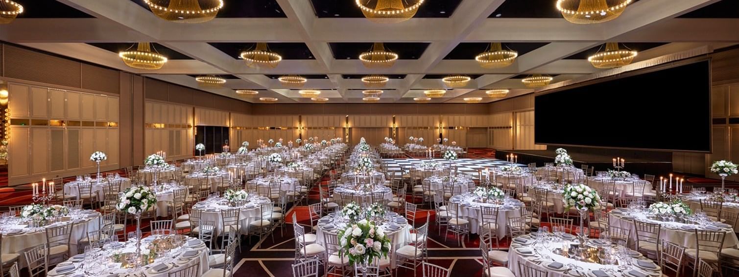 Banquet tables set-up in Grand Ballroom at Crown Hotel Perth