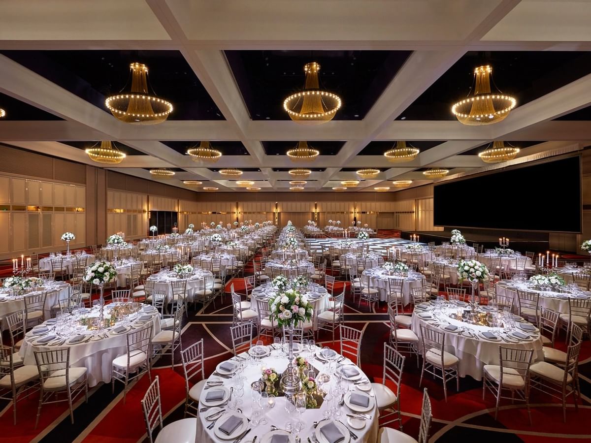 Banquet tables set-up in Grand Ballroom at Crown Hotel Perth