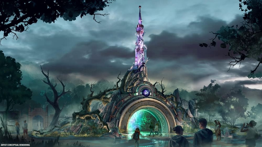 A conceptual rendering of a glowing, arched entryway in a gloomy setting surrounded by gnarled trees topped with a spire conducting purple bolts of electricity. 