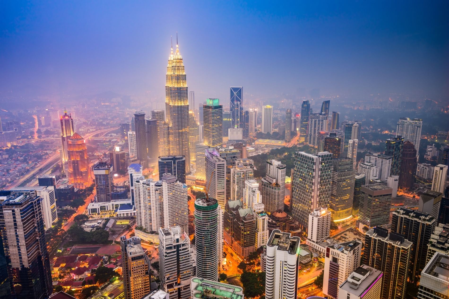 Night aerial view of Kuala Lumpur with bright lights
