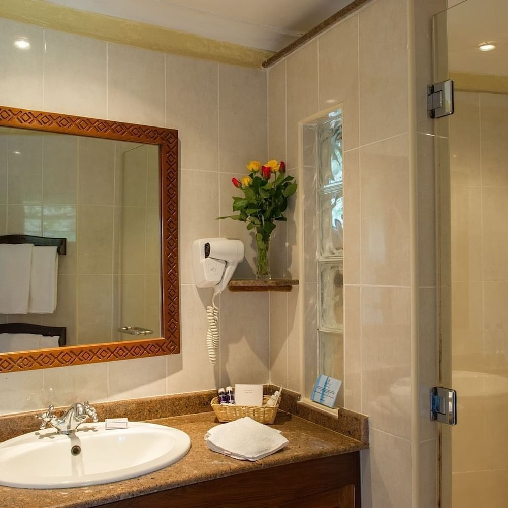 Bathroom with sink, mirror, and shower in Standard King Room at Arusha Serena Hotel, Arusha.