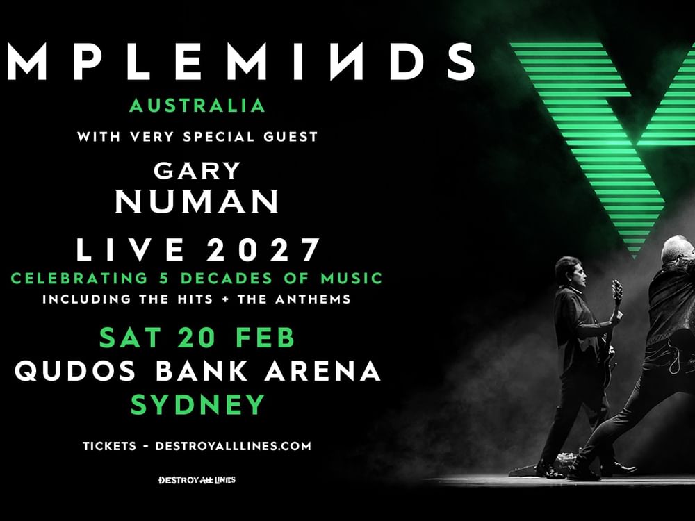 Simple Minds V Tour 2027 concert poster featuring Gary Numan at Qudos Bank Arena Sydney on February 20th
