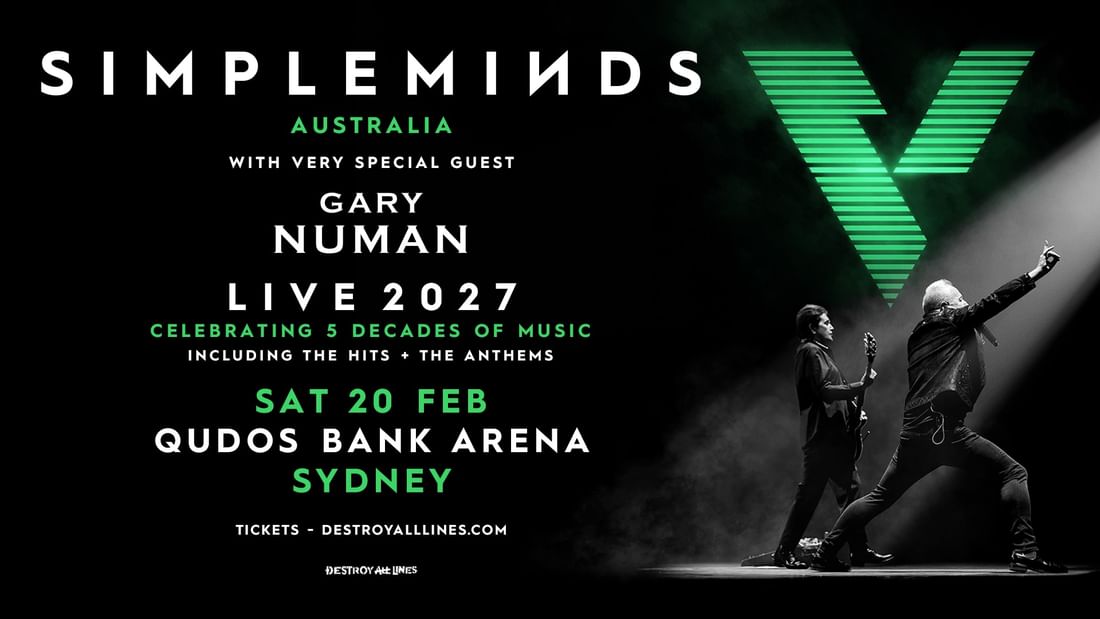 Simple Minds V Tour 2027 concert poster featuring Gary Numan at Qudos Bank Arena Sydney on February 20th