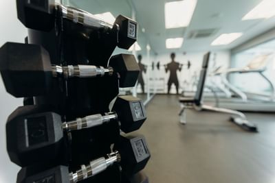 Black dumbbells in a gym rack by treadmills at Hotel Mirra, a corporate rate hotel in San Luis Rio Colorado, Sonora