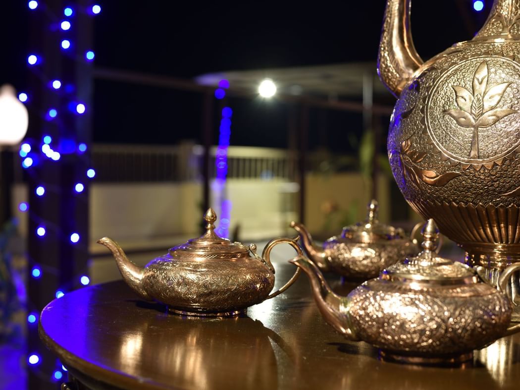 Brass teapots in Nazara Restaurant at Peshawar Serena Hotel
