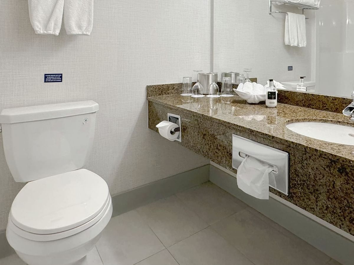 Washroom with toilet, sink, soap, and towels