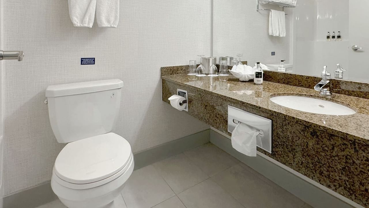 Washroom with toilet, sink, soap, and towels