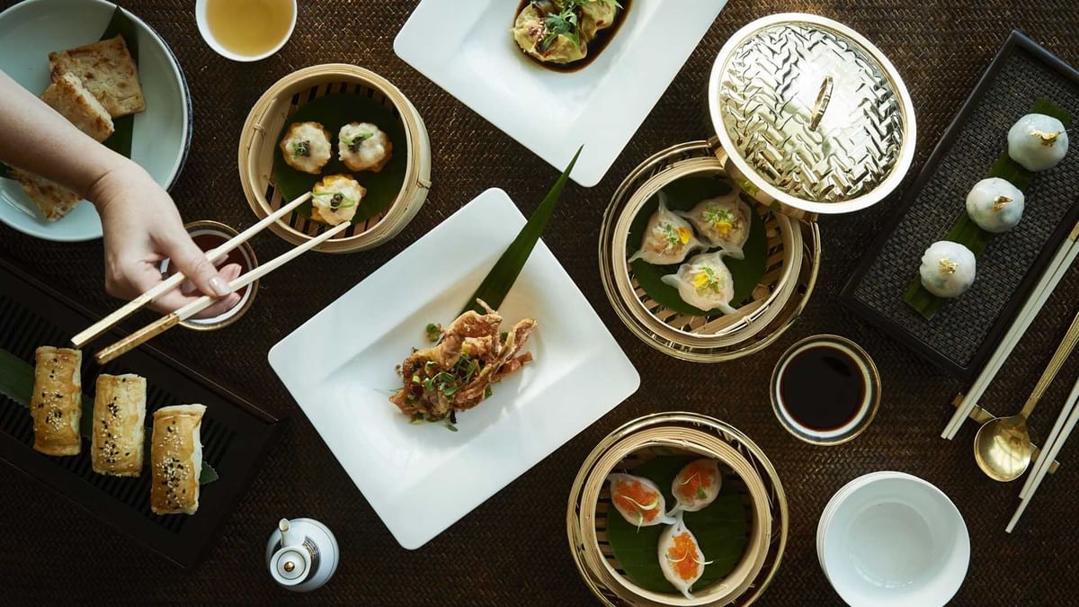 Top view of a dim sum feast in Silks Restaurant at Crown Hotel Melbourne