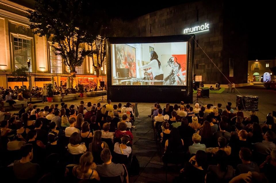 Open air cinema at Vienna’s MuseumsQuartier presenting a curated programme of arthouse films, documentaries and international productions in a vibrant urban setting
