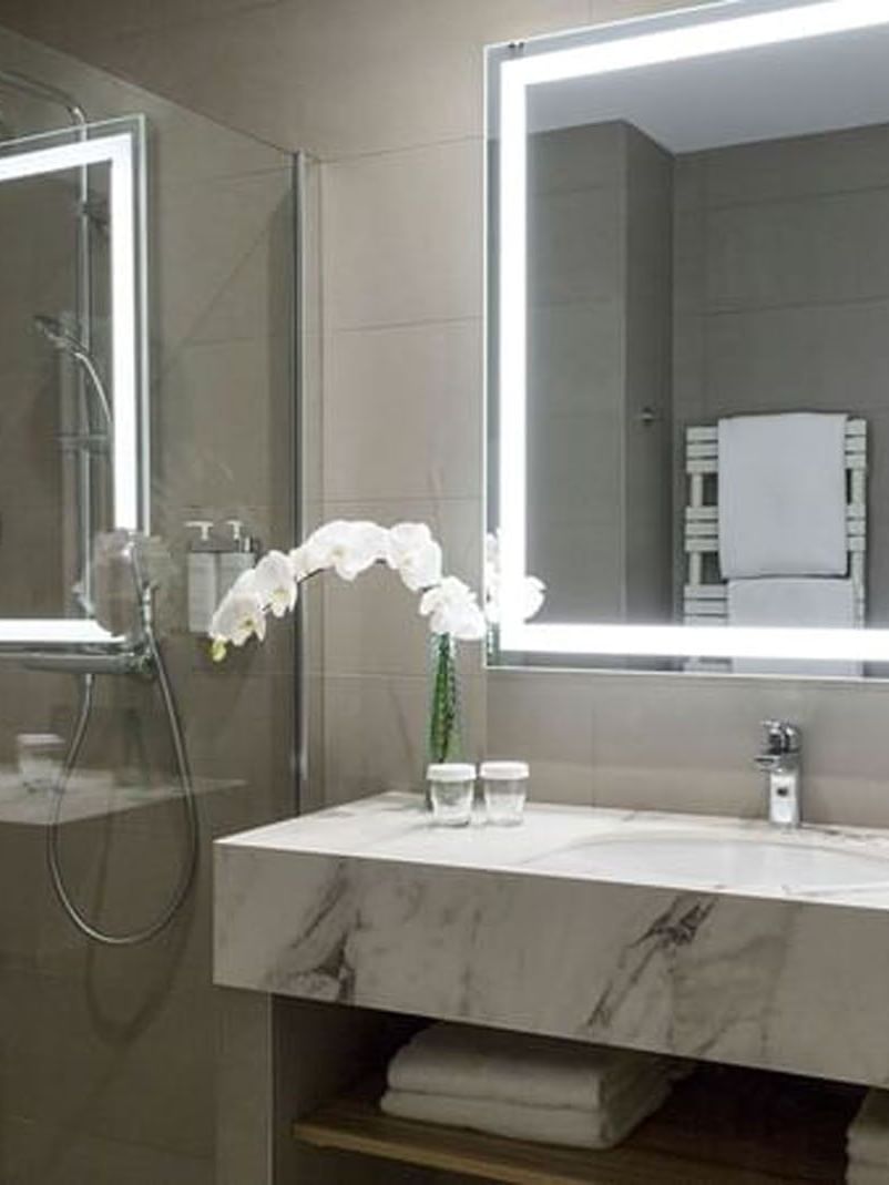 Bathroom interior with shower area, vanity, and illuminated mirror in the Premium Suite at Warwick Reine Astrid - Lyon