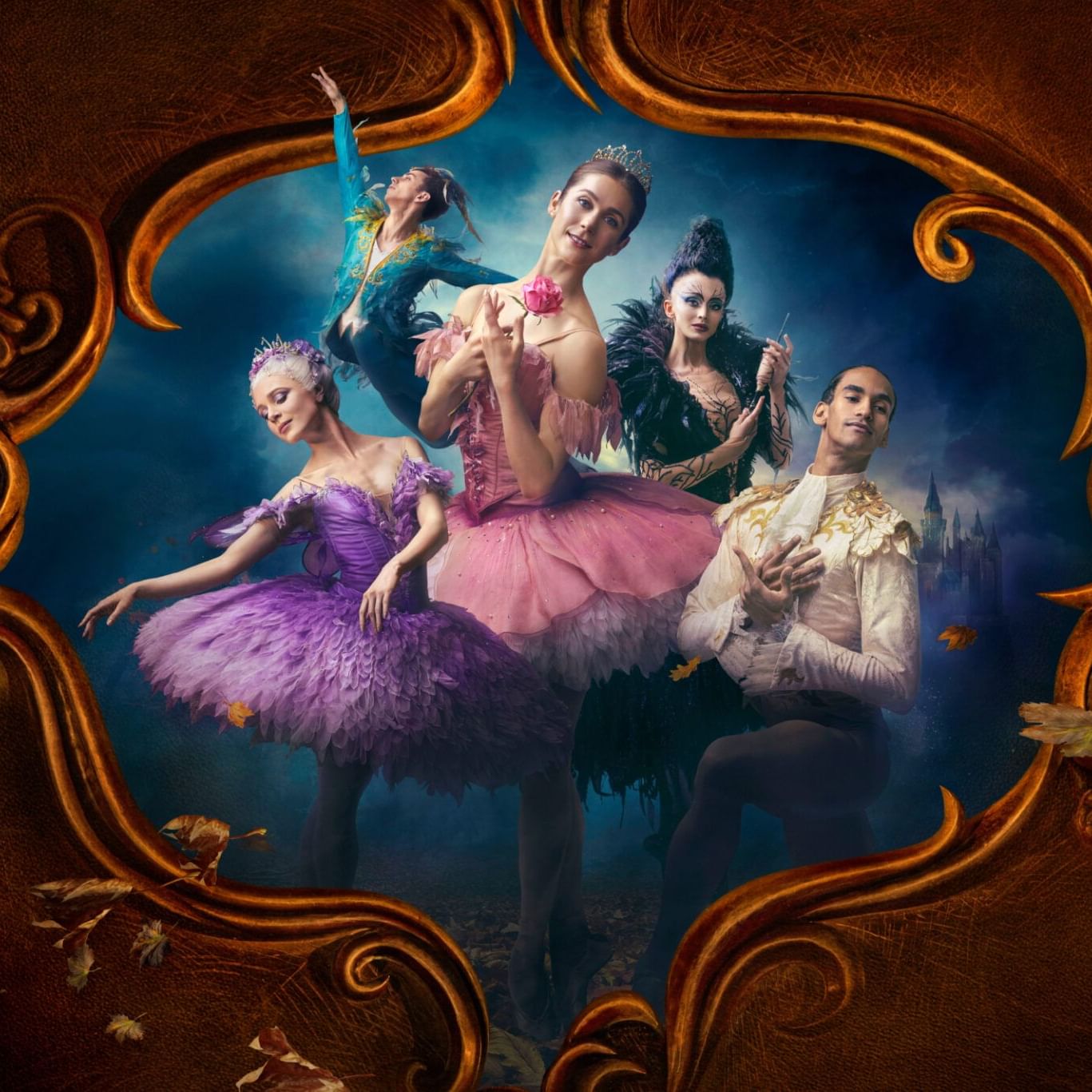 A ballerina in a sparkling tutu strikes an elegant pose on stage surrounded by ornate scenery and dancers in royal costumes