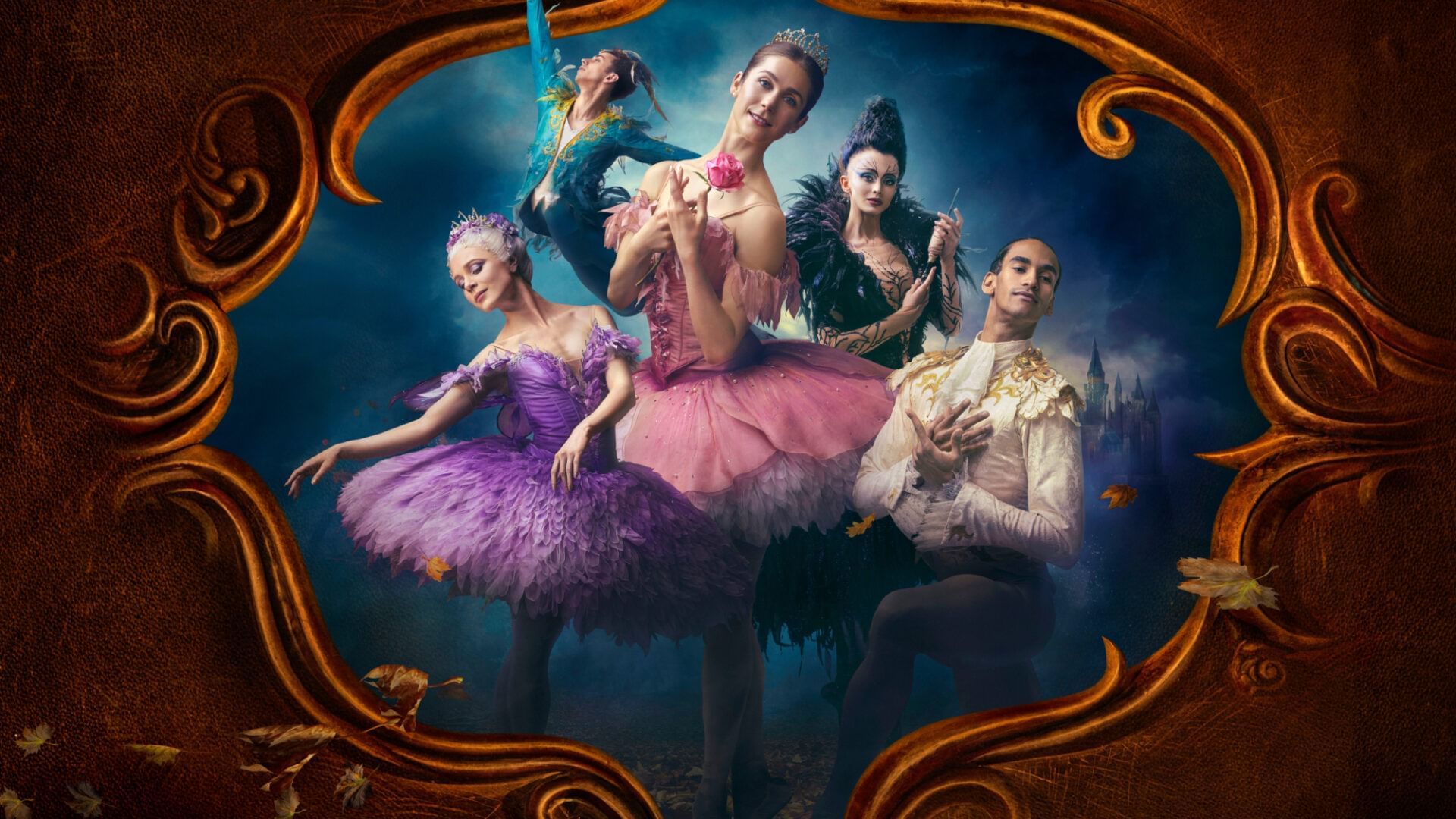 A ballerina in a sparkling tutu strikes an elegant pose on stage surrounded by ornate scenery and dancers in royal costumes