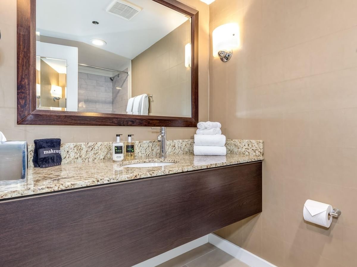 Bathroom with large mirror, sink, toilet, towels, and a hair dryer mounted on the wall.