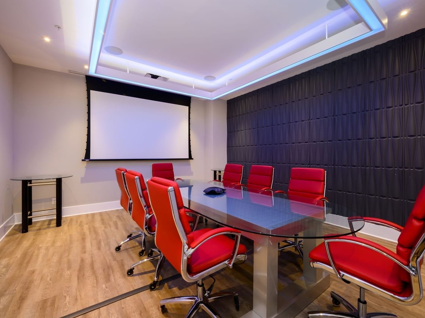 Chairs arranged with screen, Vault Board Room, Harborside Hotel