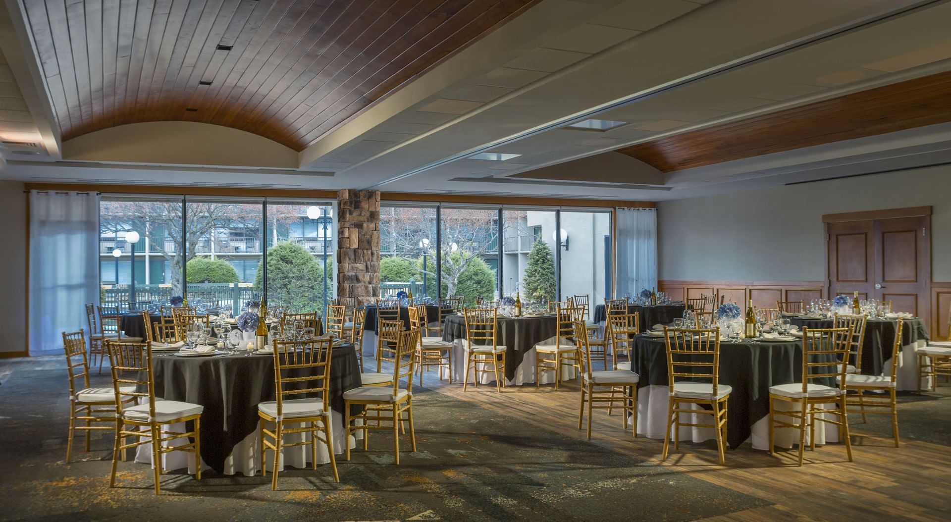 Banquet tables set up at a wedding at High Peaks Resort