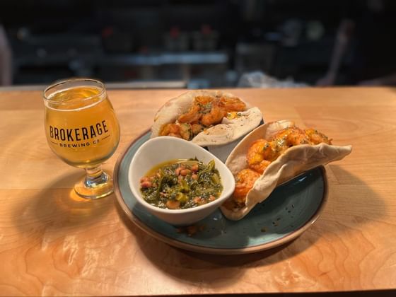 Tacos & a beer glass, Brokerage Brewing Company, Whittaker Inn