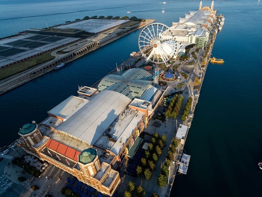 Aerial view of Navy Pier near The Godfrey Chicago