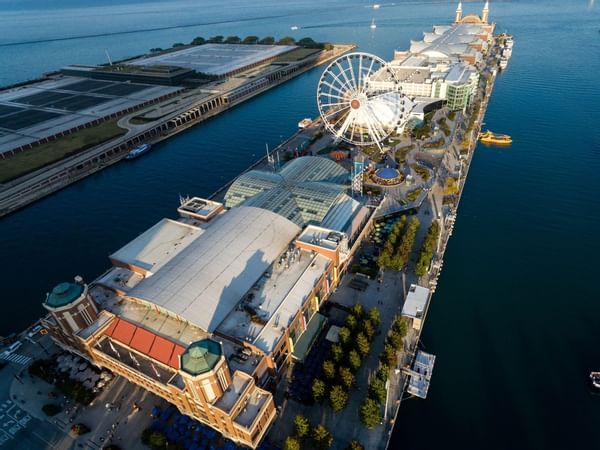 Aerial view of Navy Pier near The Godfrey Chicago